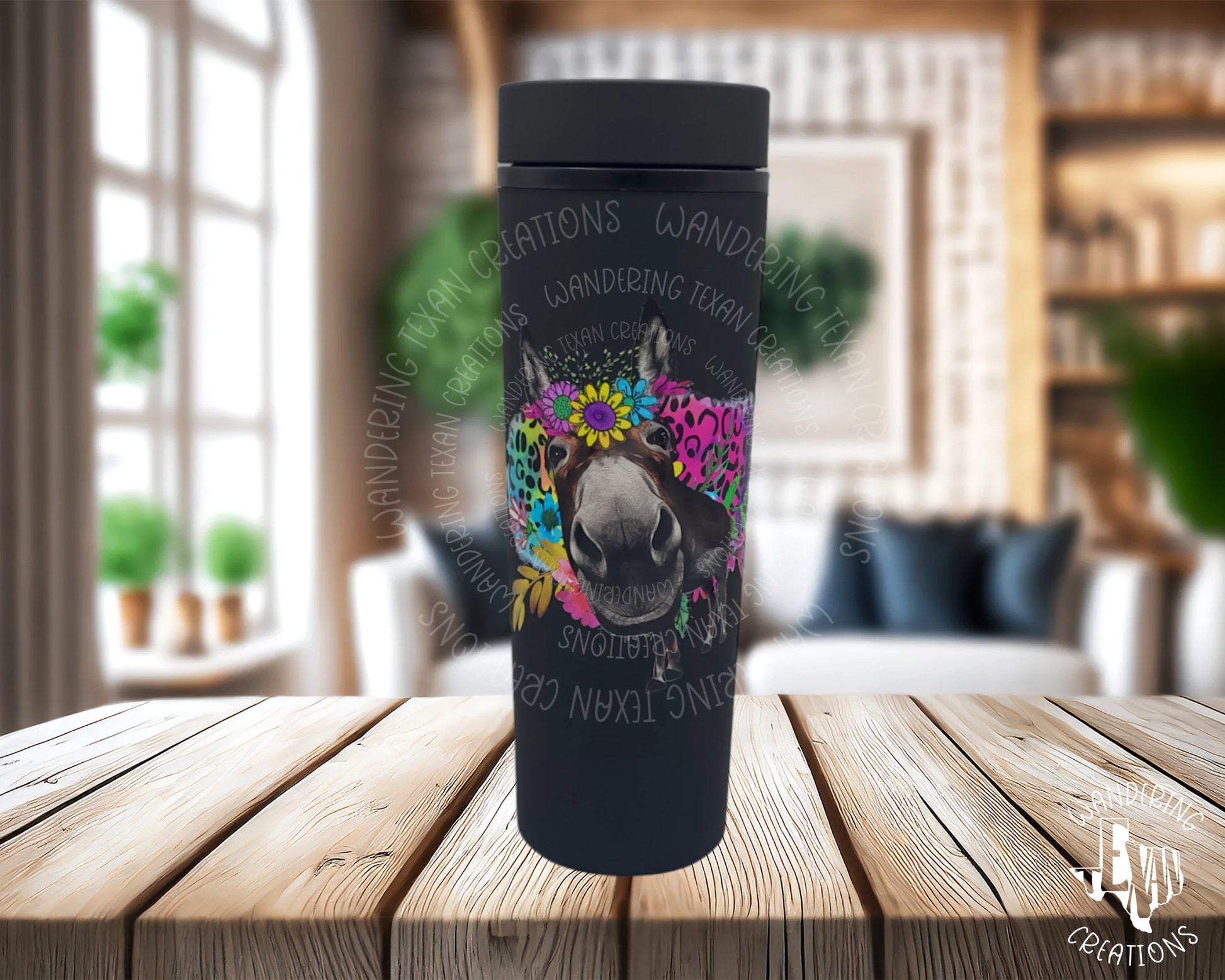 This Cute Donkey Tumbler is designed with a curious donkey on the front, and features a unique rainbow leopard design. 