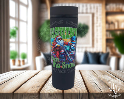 This Motorcycle Riding Santa Tumbler is designed with a die hard Santa on the front, and features a unique Christmas scene design.