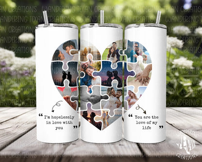 Express your love with the Photo Heart Tumbler. This personalized tumbler features a heart-shaped insert for 14 pictures of your choosing. 