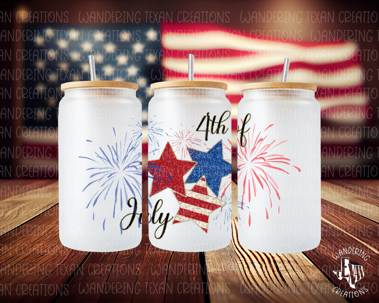 This vibrant tumbler features red, white, and blue stars bursting in a spectacular fireworks display.