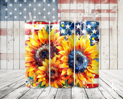 Toast to independence with the All-American Sunflowers Tumbler - featuring a sublimated design with three vibrant sunflowers and the iconic US flag.