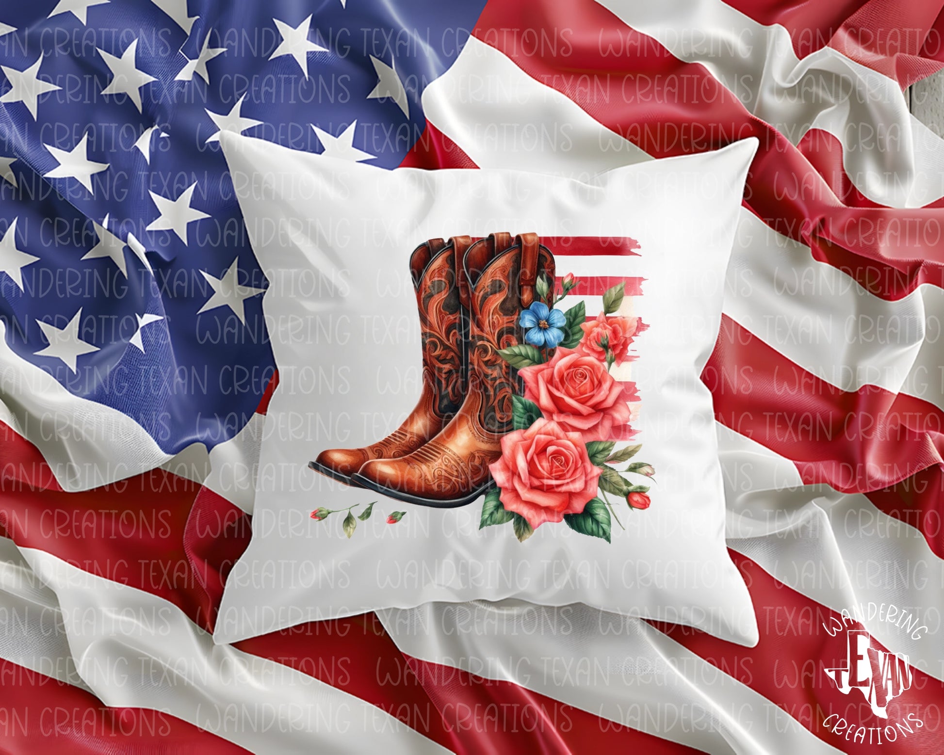 Featuring a playful design of cowboy boots, red roses, and patriotic stripes, this cover is perfect for adding a touch of whimsy to your home decor.