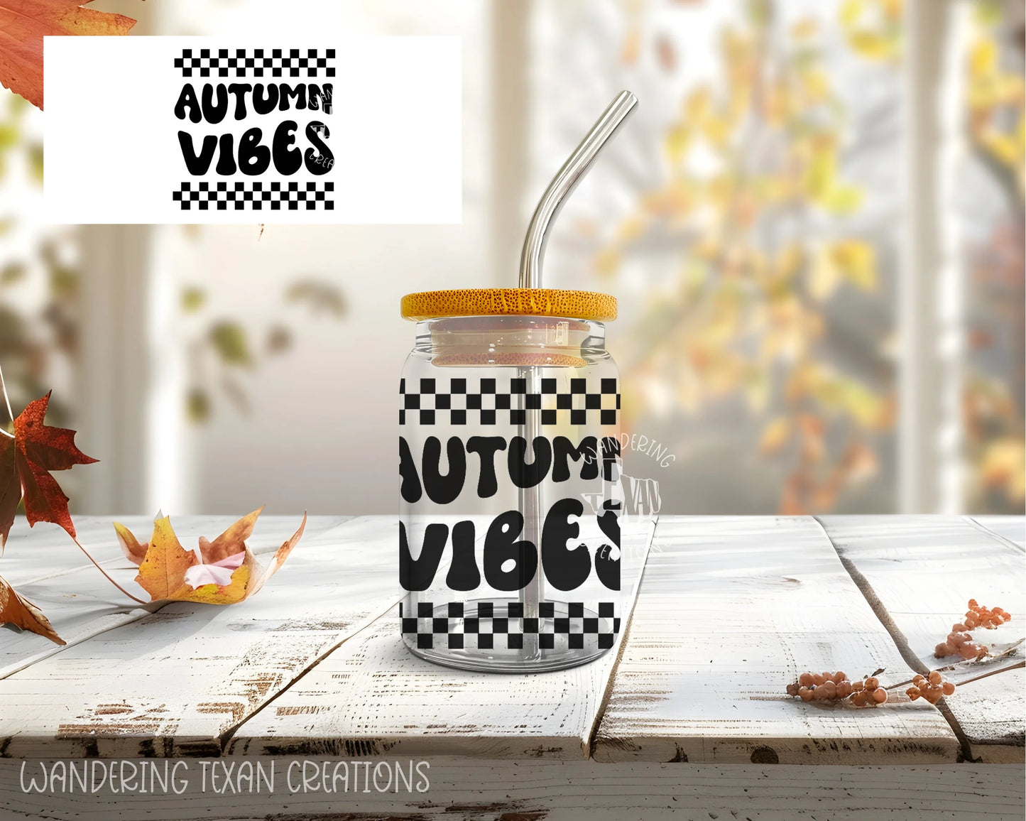  This sublimation-designed&nbsp; glass can is perfect for any fall gathering, featuring a trendy checkered pattern and retro lettering. 