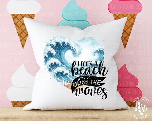 Brighten up your living space with our Beach Life Waves Pillow Cover! Featuring a vibrant sublimation design, this cover will add a touch of summer vibes to any room.