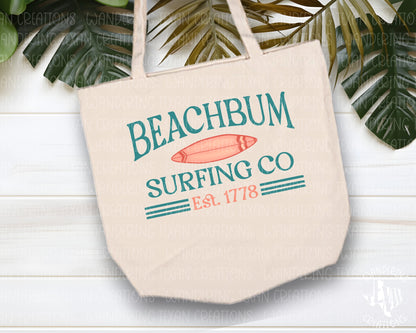 Featuring a sublimation design of a timeless logo, "Beachbum Surfing Co, Est 1778", this bag is perfect for summer.