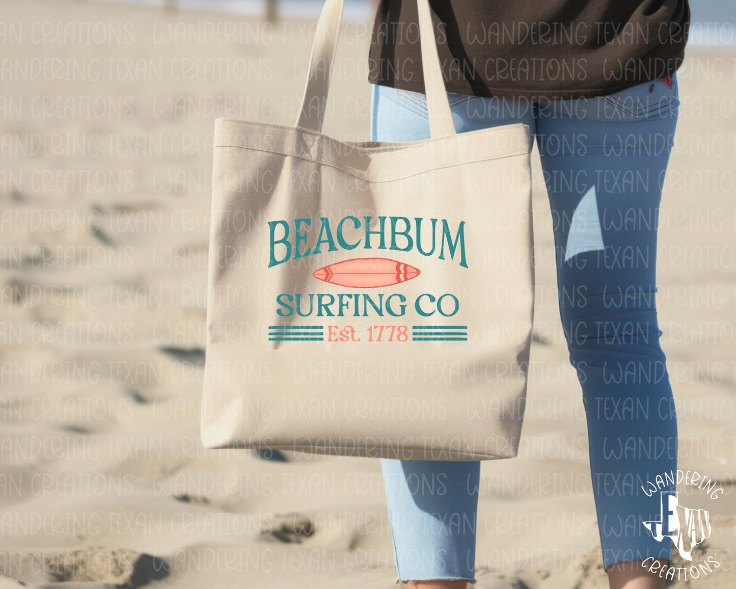 Featuring a sublimation design of a timeless logo, "Beachbum Surfing Co, Est 1778", this bag is perfect for summer.