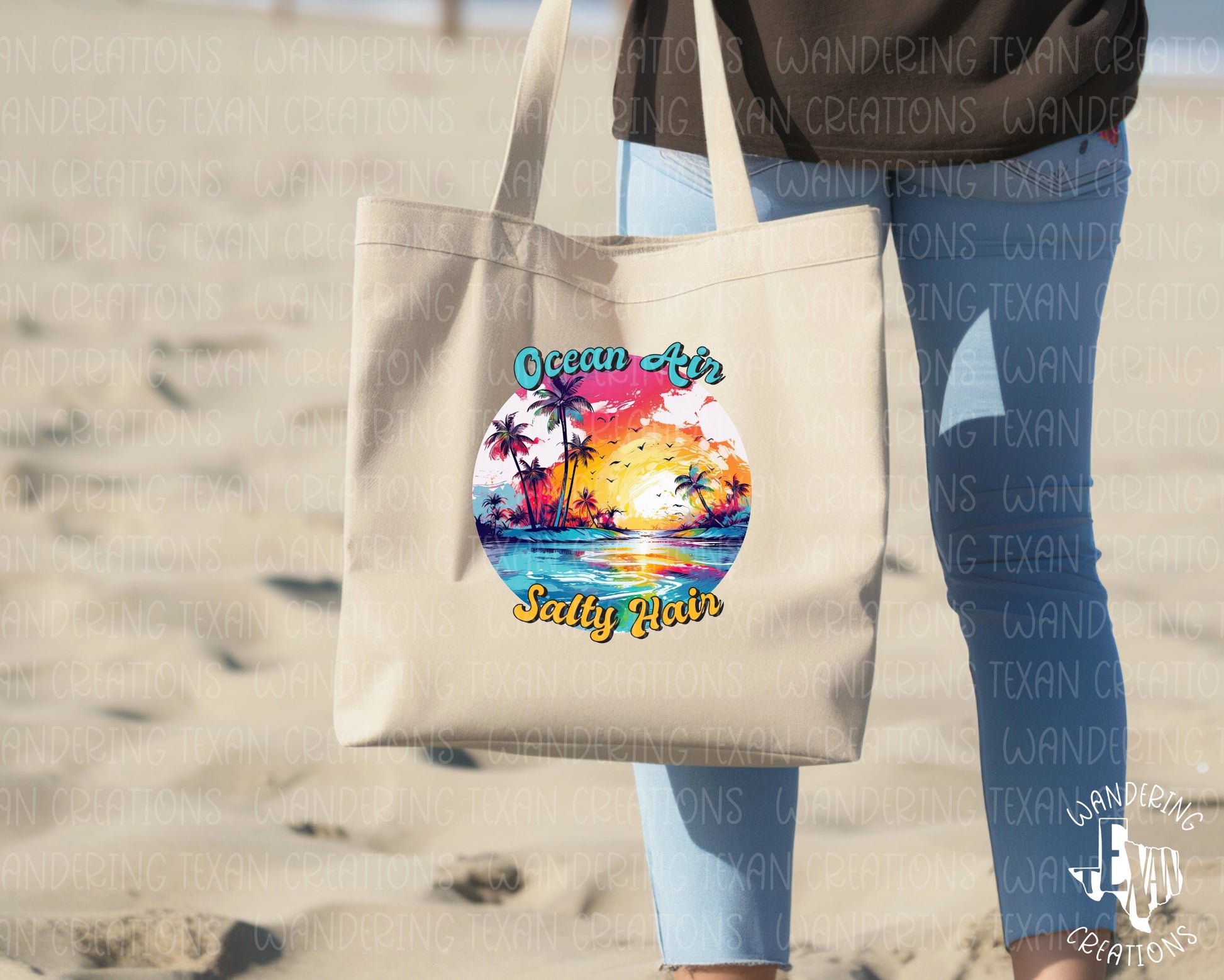 This tote bag features a vibrant sublimation design of a neon beach and ocean scene, complete with the playful phrase "Ocean Air, Salty Hair".