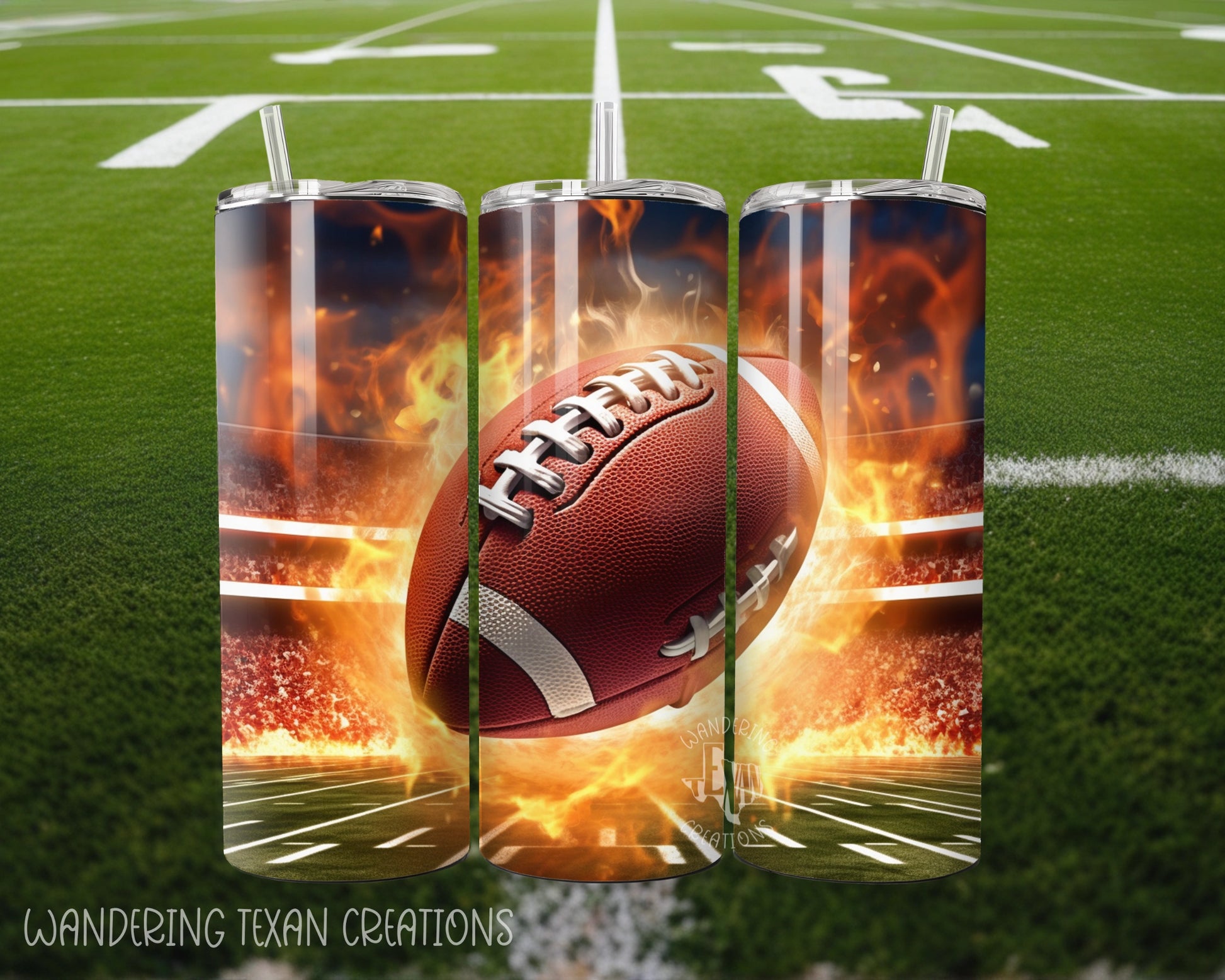 With a 20 oz capacity, this tumbler is perfect for staying hydrated while rooting for your team. The design of a fiery football with a stadium backdrop will keep you fired up, and the sublimation guarantees long-lasting quality.