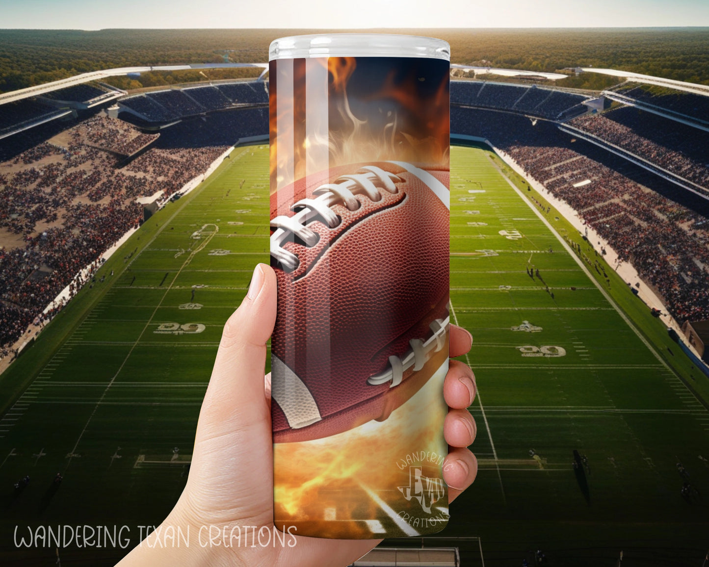 With a 20 oz capacity, this tumbler is perfect for staying hydrated while rooting for your team. The design of a fiery football with a stadium backdrop will keep you fired up, and the sublimation guarantees long-lasting quality.