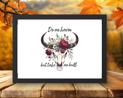 Keep your drink cool and stand out with our Bold and Floral Bull 12 oz Can Cooler and Tumbler. With a unique sublimated design featuring a bull skull adorned with flowers and the playful phrase "Do no harm, take no bull", you'll be the life of the party.