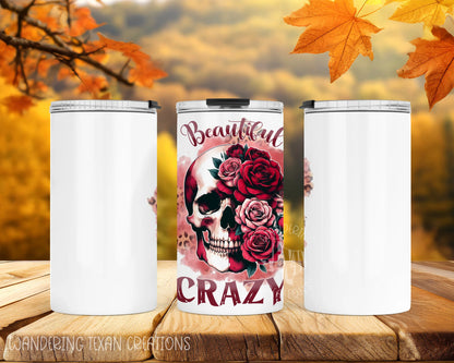 Our Boldly Beautiful 12 oz Can Cooler and Tumbler is made of stainless steel and has a 4-in-1 functionality with a sublimated design features a skull with flowers and the phrase "beautiful crazy," making it a fun and quirky addition to any collection.