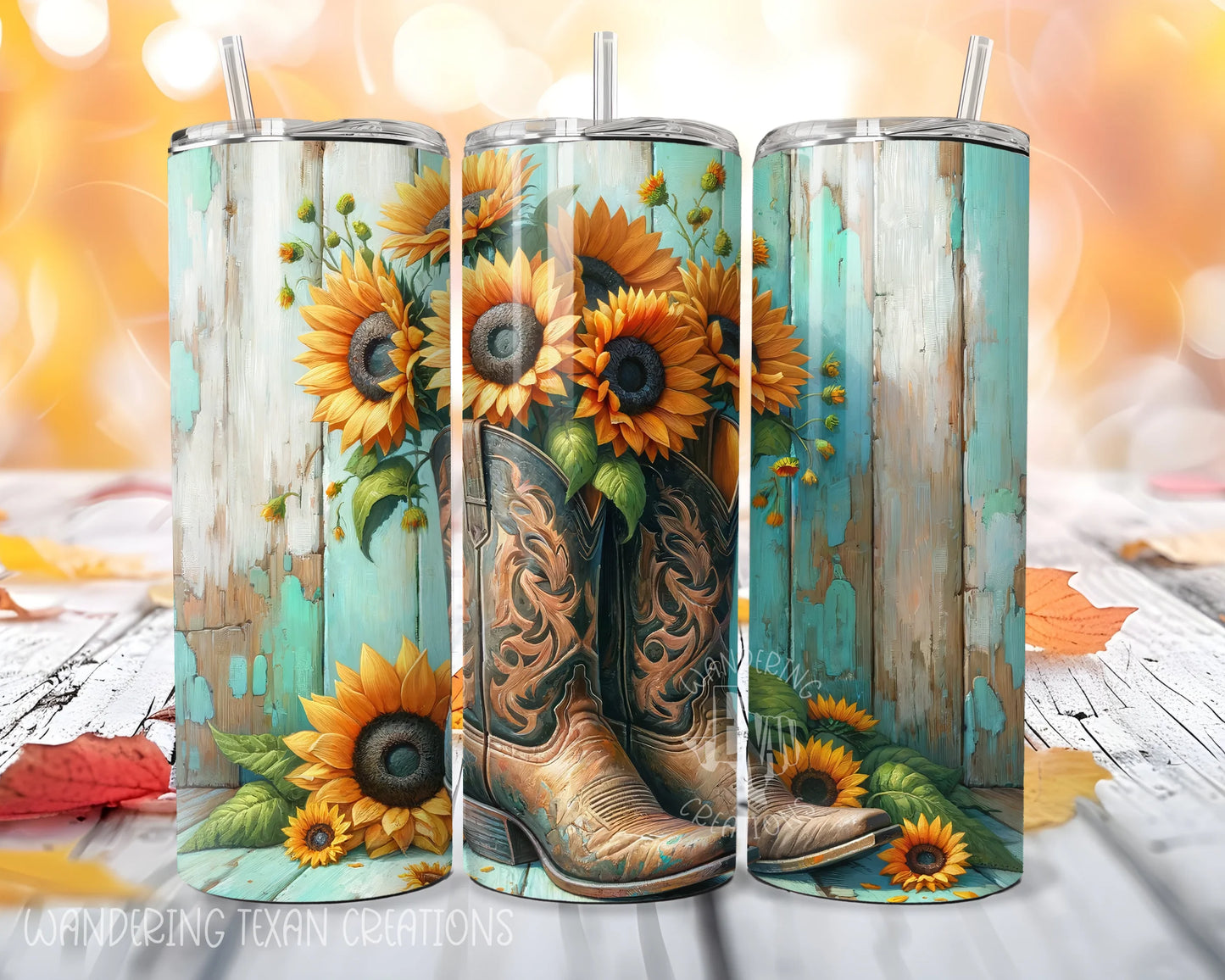 This seasonal tumbler features a playful design with cowboy boots filled with sunflowers against a rustic teal wood background.