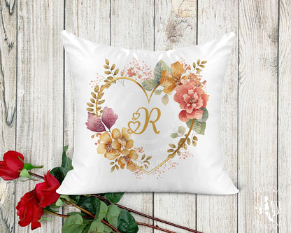 Floral Heart Wreath Monogram Pillow Cover - Wandering Texan Creations