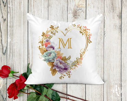 Floral Heart Wreath Monogram Pillow Cover - Wandering Texan Creations