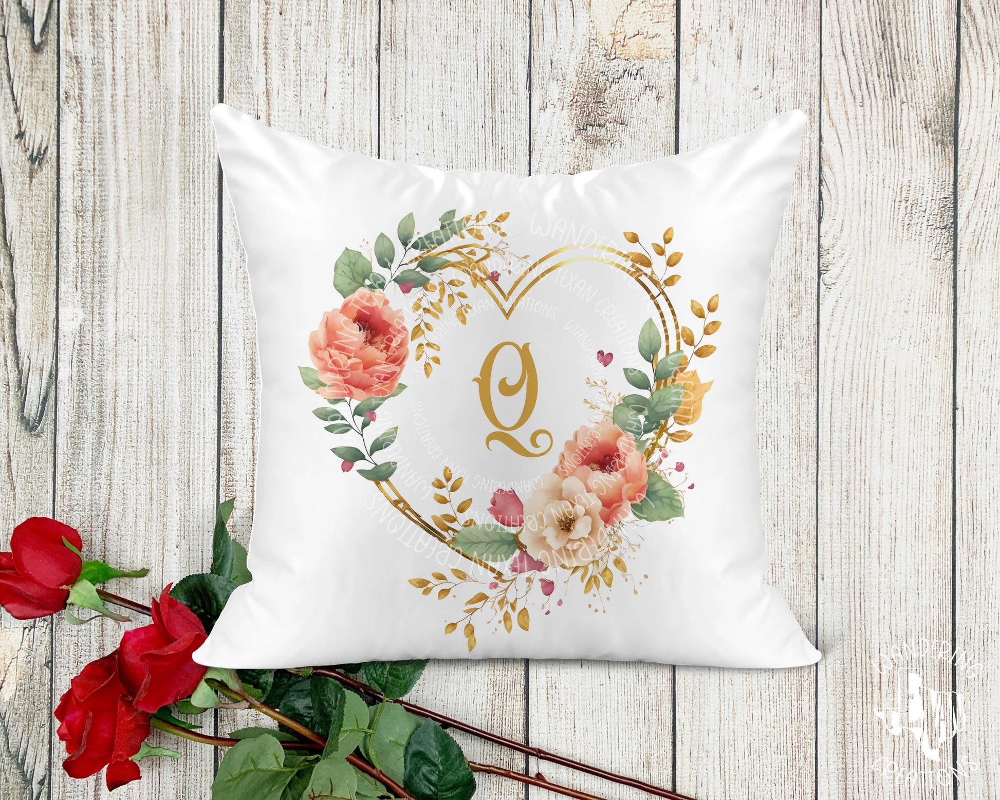 Floral Heart Wreath Monogram Pillow Cover - Wandering Texan Creations