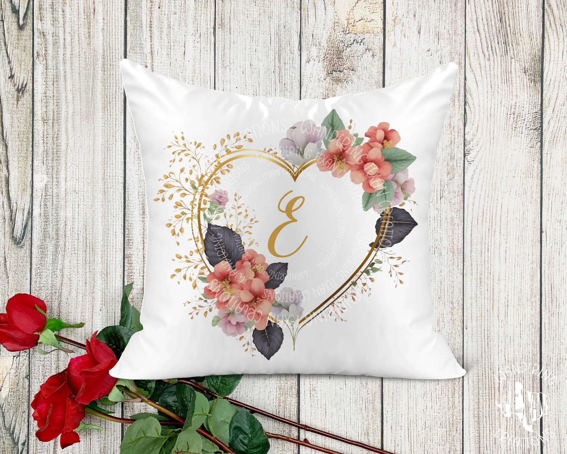 Floral Heart Wreath Monogram Pillow Cover - Wandering Texan Creations