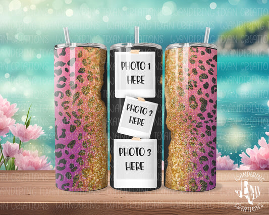 Featuring 3 custom photos and your choice of gold dust and pink leopard or multi-color leopard, this tumbler is perfect for any day!