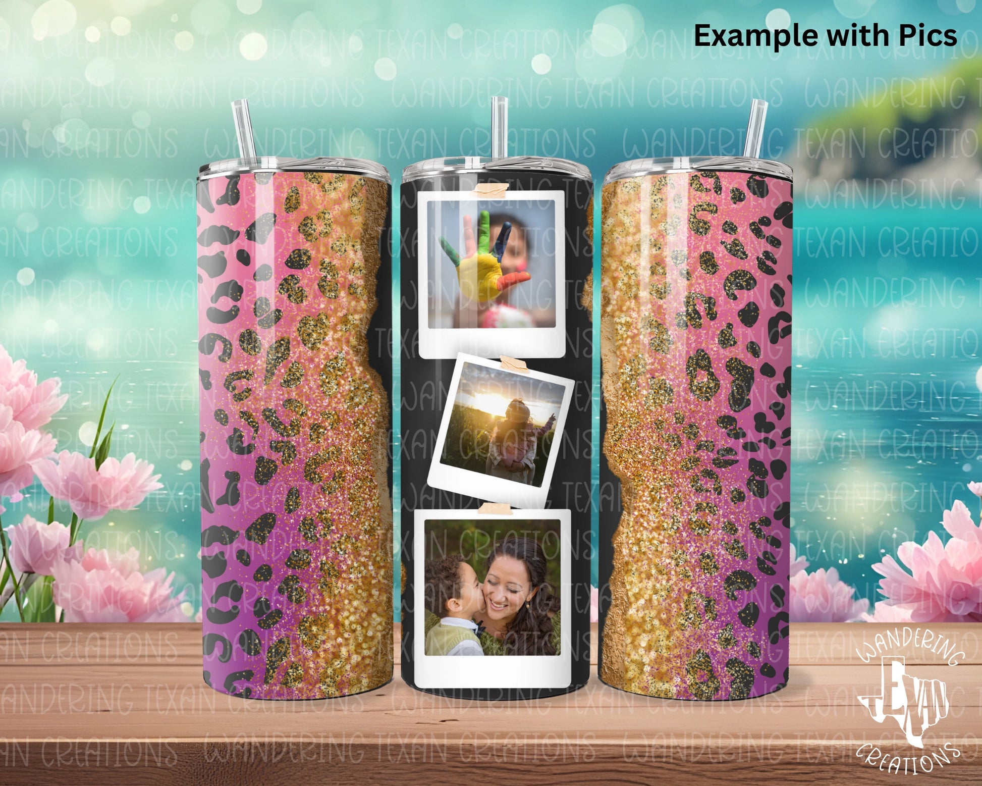 Featuring 3 custom photos and your choice of gold dust and pink leopard or multi-color leopard, this tumbler is perfect for any day!