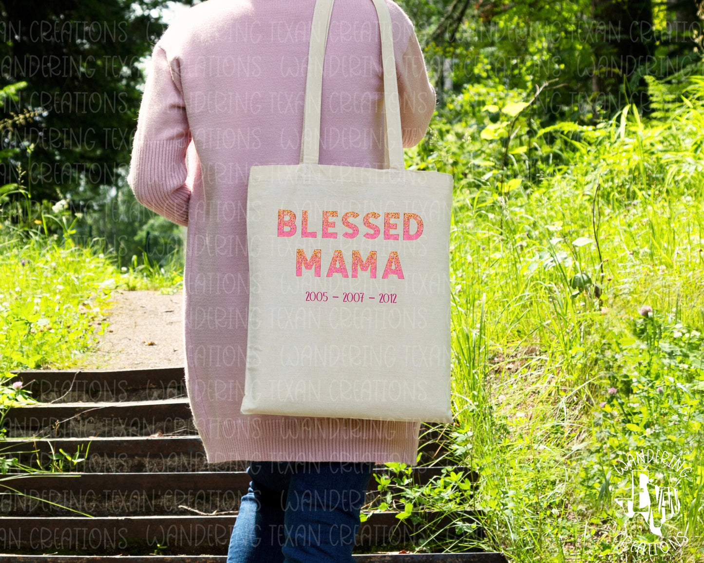 Featuring gold glitter on pink letters and the option to customize with your children's birth years, this tote is perfect for Mother's Day and everyday use. 