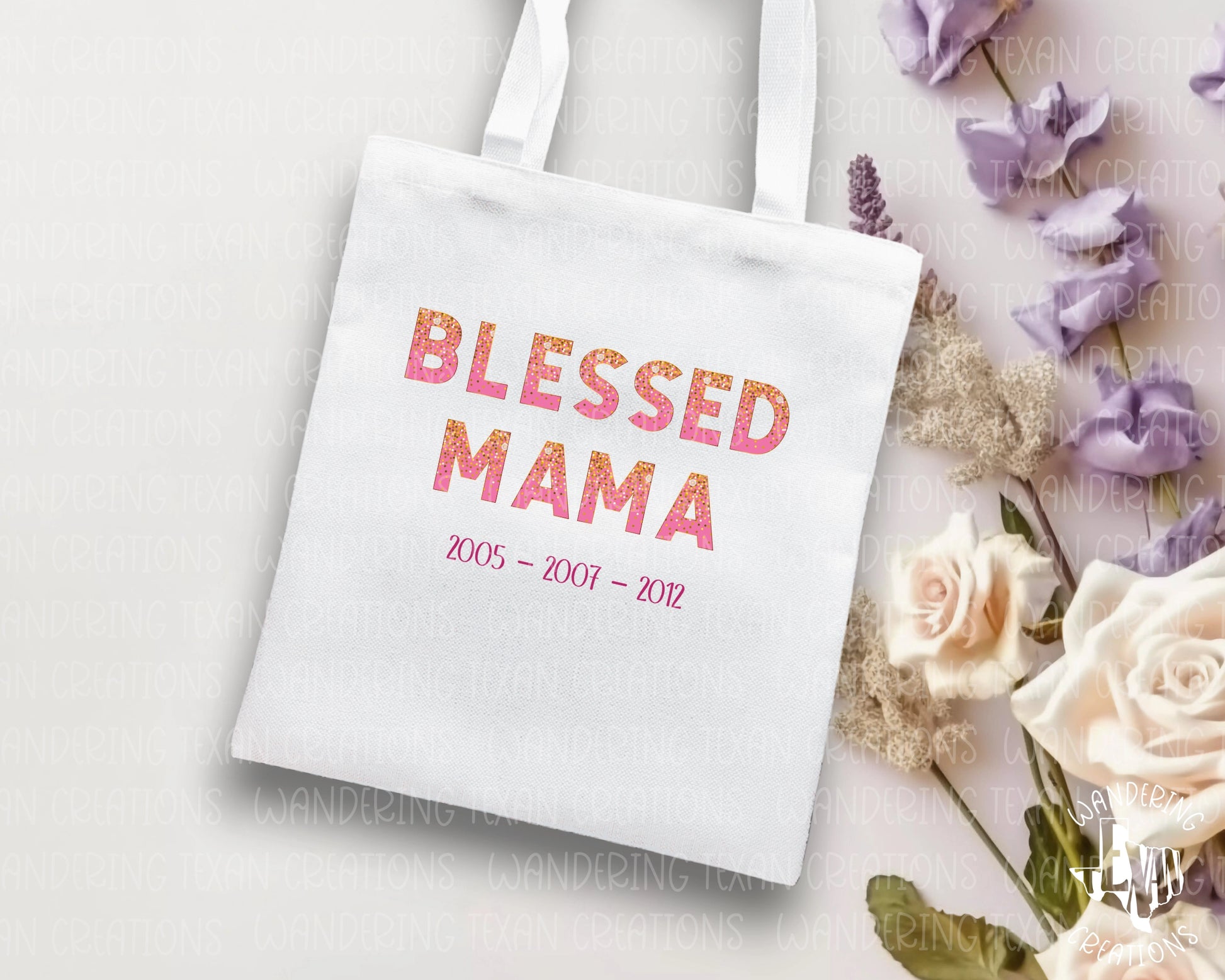 Featuring gold glitter on pink letters and the option to customize with your children's birth years, this tote is perfect for Mother's Day and everyday use. 