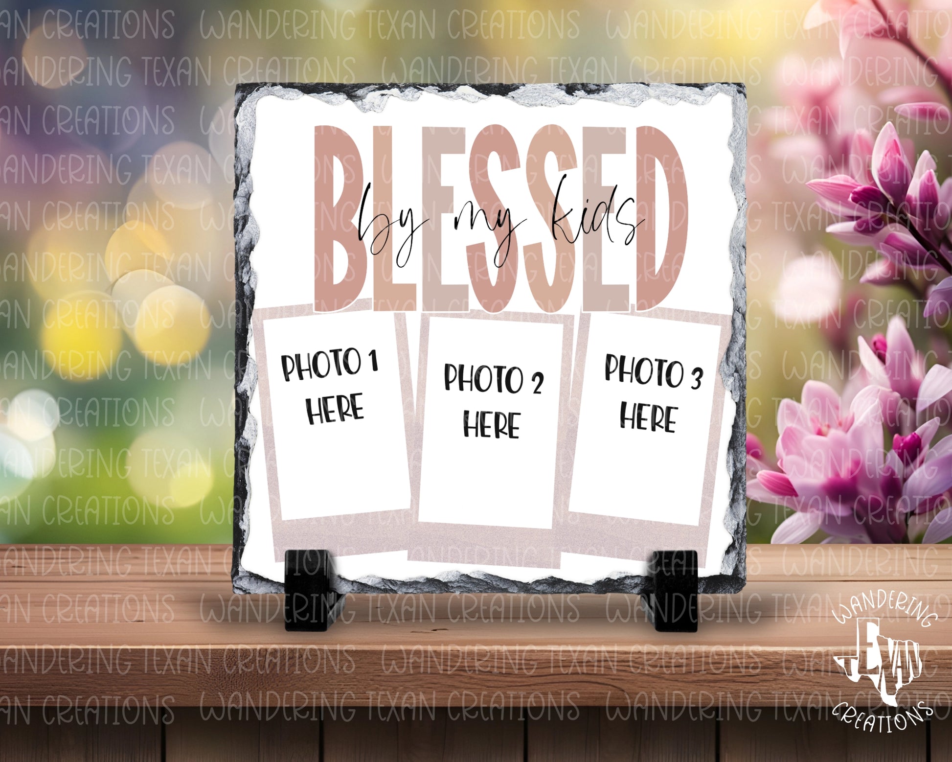 Display your love for your kids with our Blessed by My Kids 3 Photo Slate Display! Perfect for Mother's Day (or any day), customize with 3 photos using that are ensured to last with our sublimation printing.