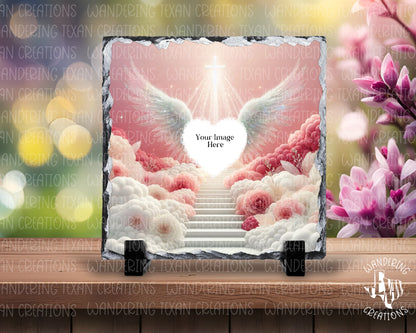 The heavenly pink scene, with customizable options for photo, name, and dates, will honor your loved one's memory. 