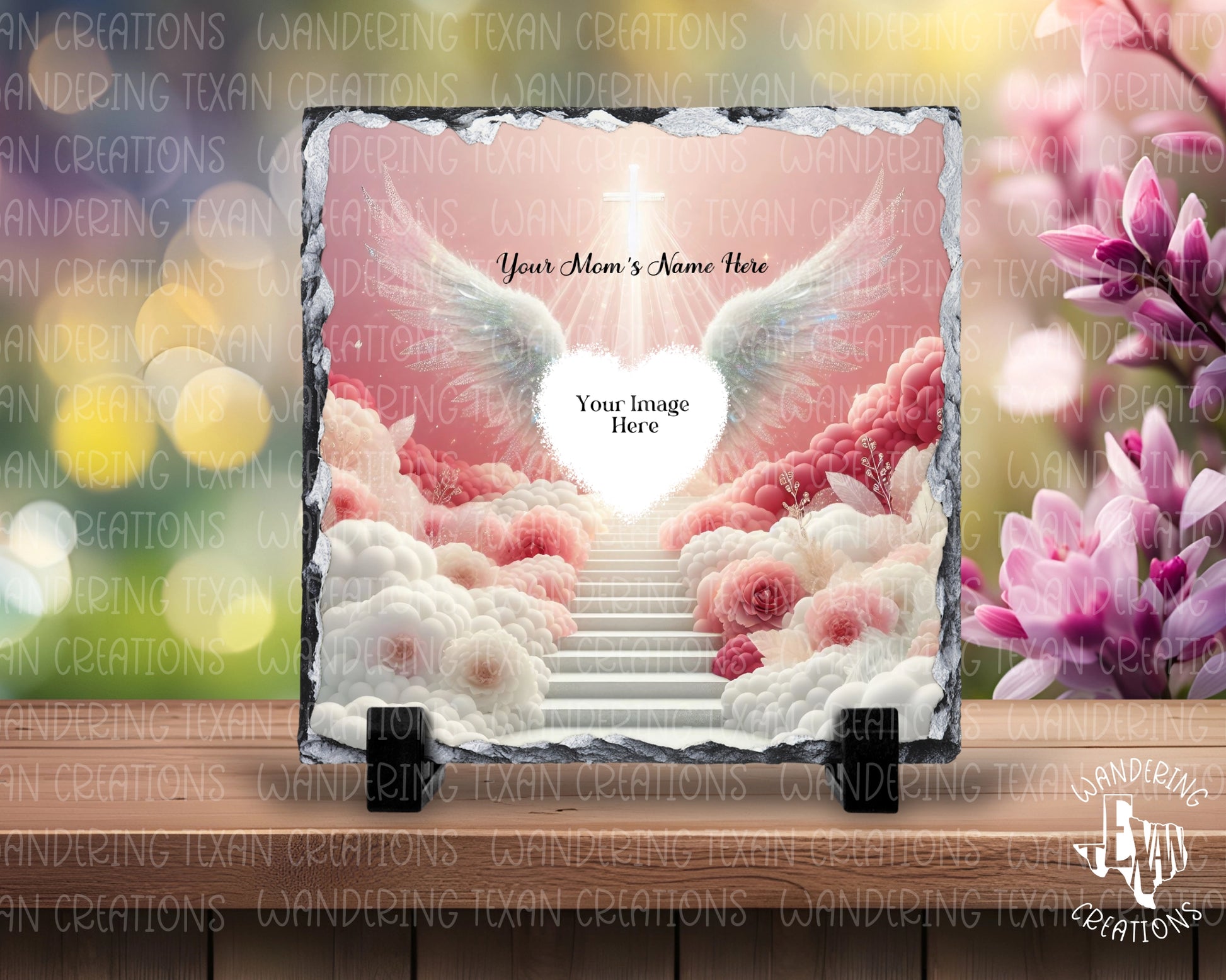 The heavenly pink scene, with customizable options for photo, name, and dates, will honor your loved one's memory. 