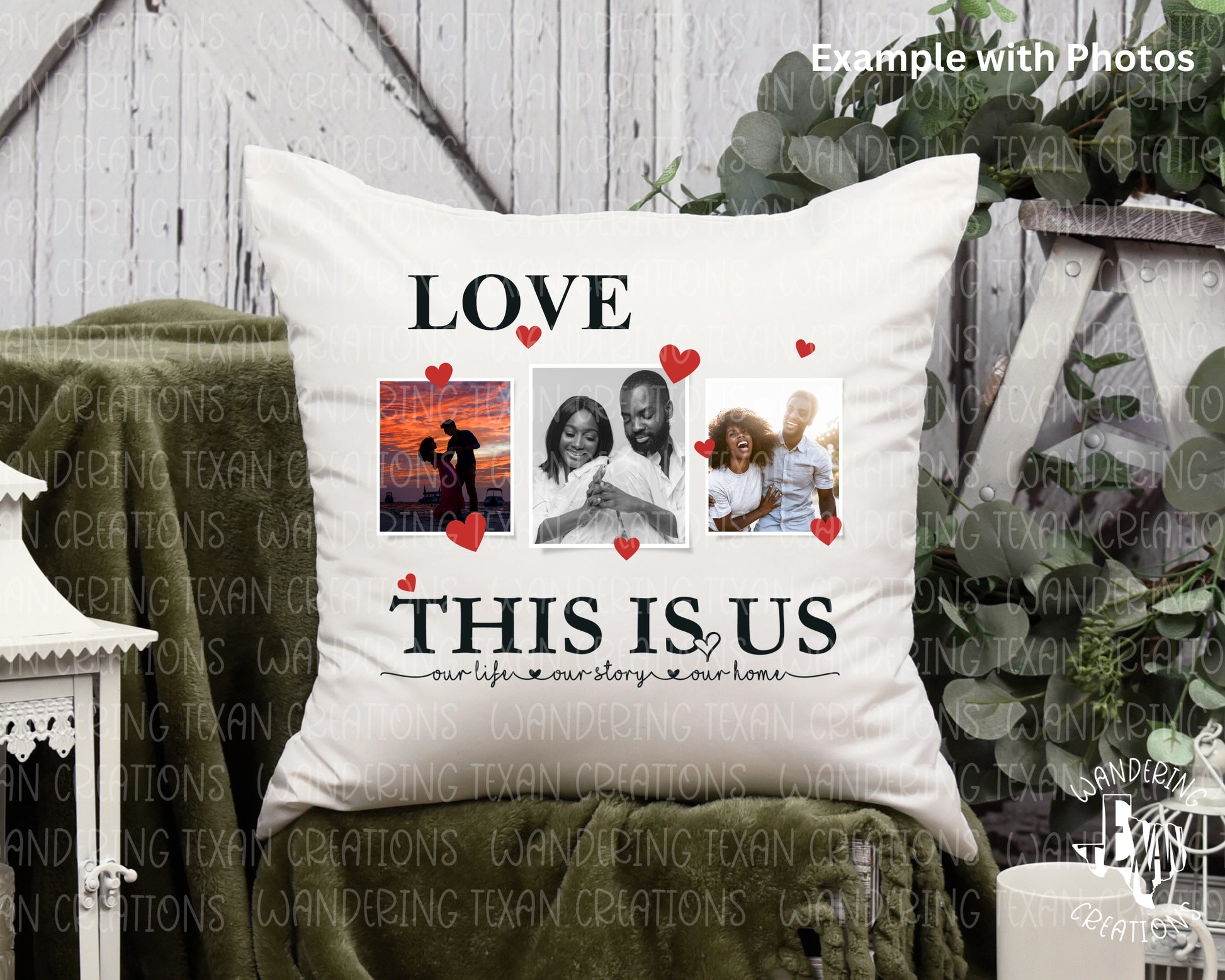 Whether it's an anniversary or wedding gift, this sublimated pillow cover features 3 photos and the phrase "This is Us, Our Life, Our Story, Our Home". 