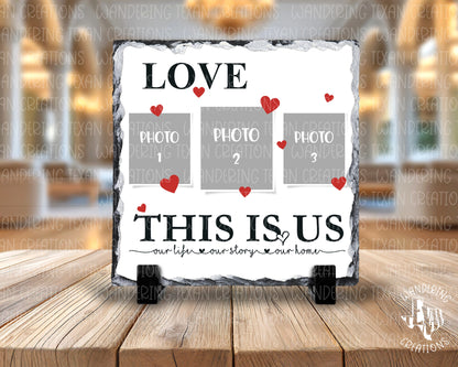 Capture your love story with our customizable 3-photo slate display.