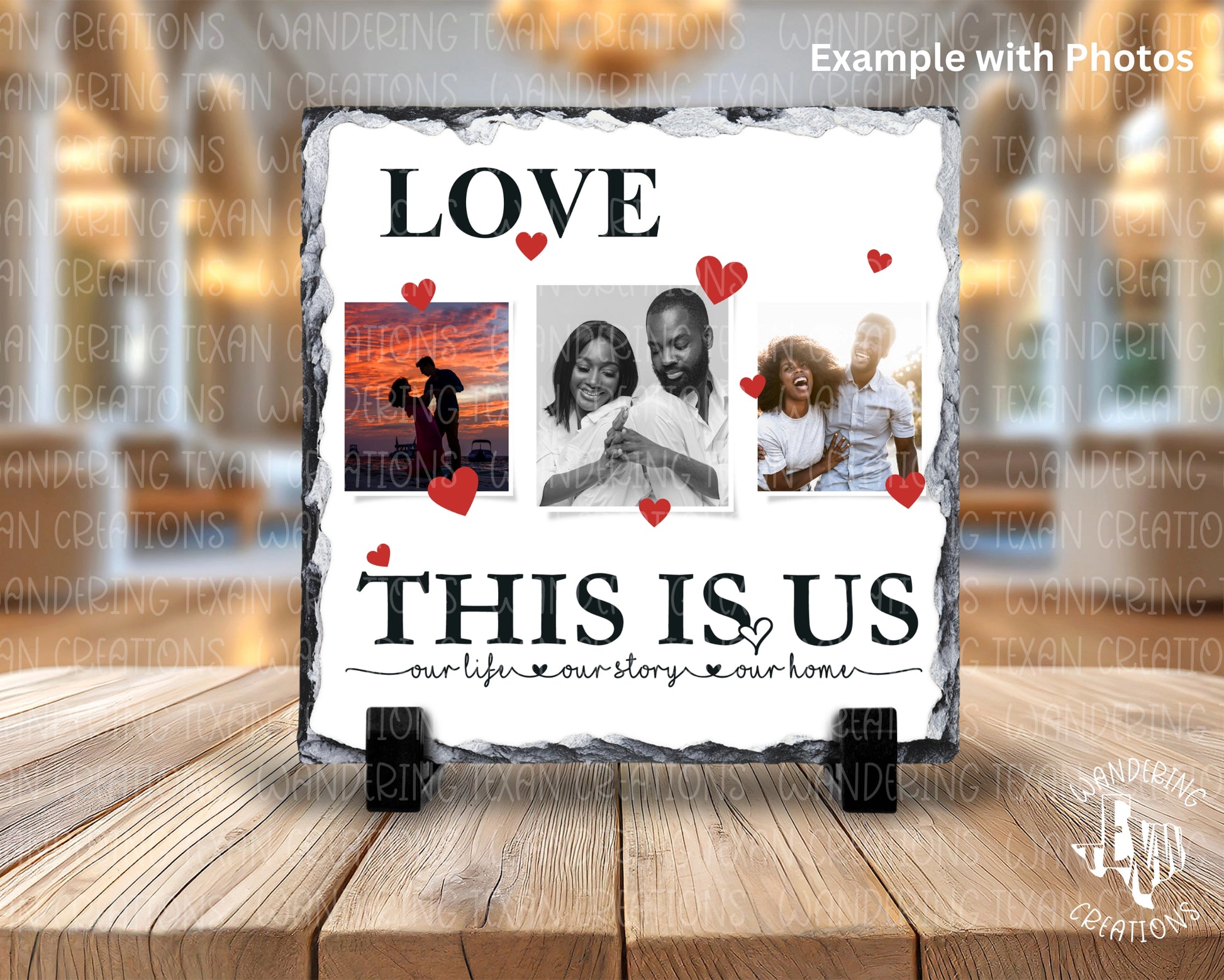 Capture your love story with our customizable 3-photo slate display.