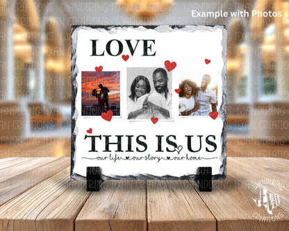 Capture your love story with our customizable 3-photo slate display.