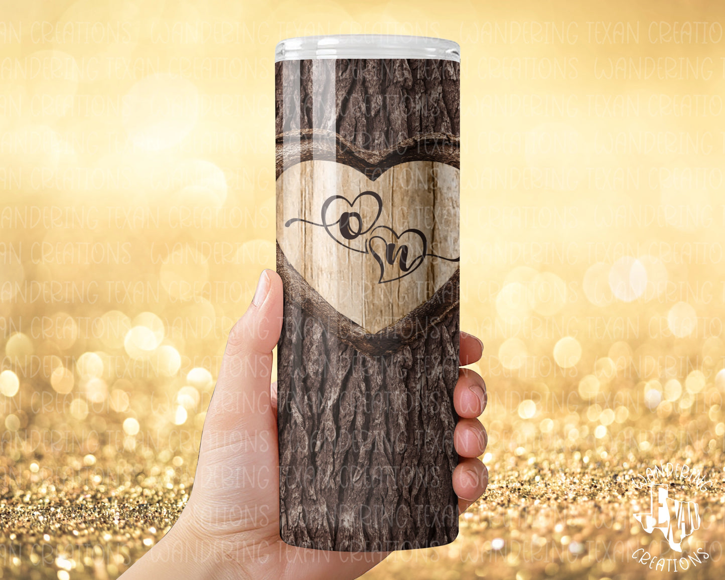 Make your love a bold adventure with our Lovers Initials Monogram Tumbler! This unique tumbler resembles a tree trunk with a heart carved out for you and your partner's initials. 