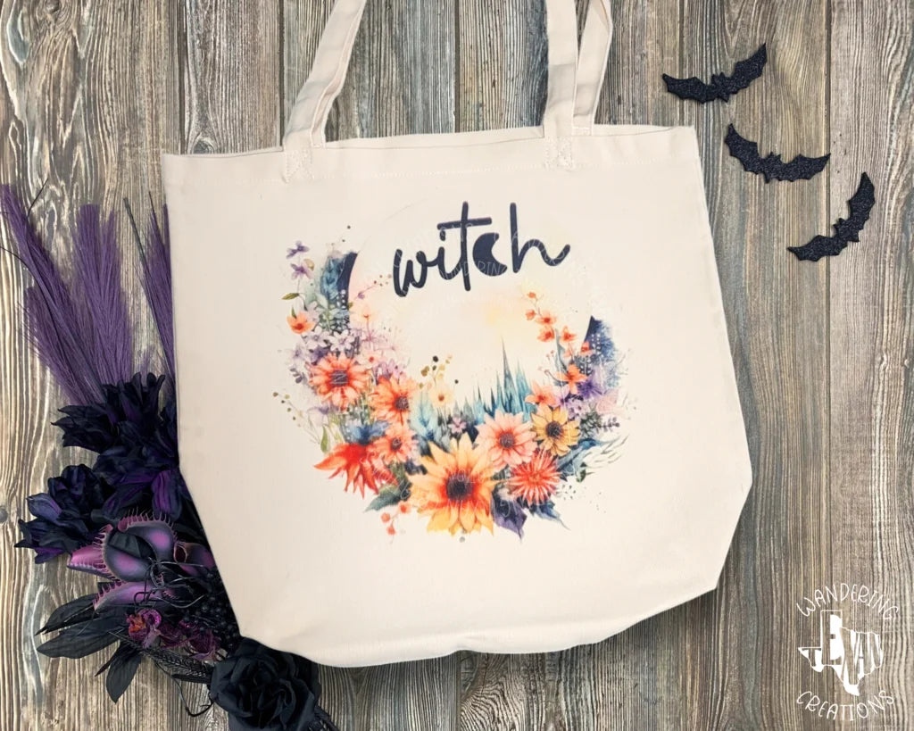 Its witch and floral moon design is printed in vivid watercolor and sublimation, giving it the perfect pop of color and unique look for every day use. 