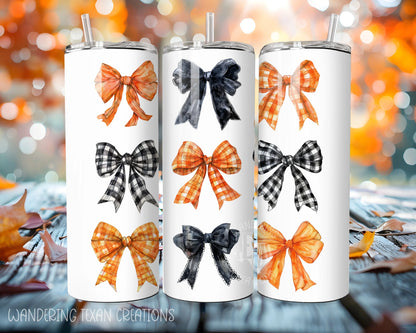 The quirky design of orange and black bows, with a touch of plaid, will add some fun to your daily tumbler routine.