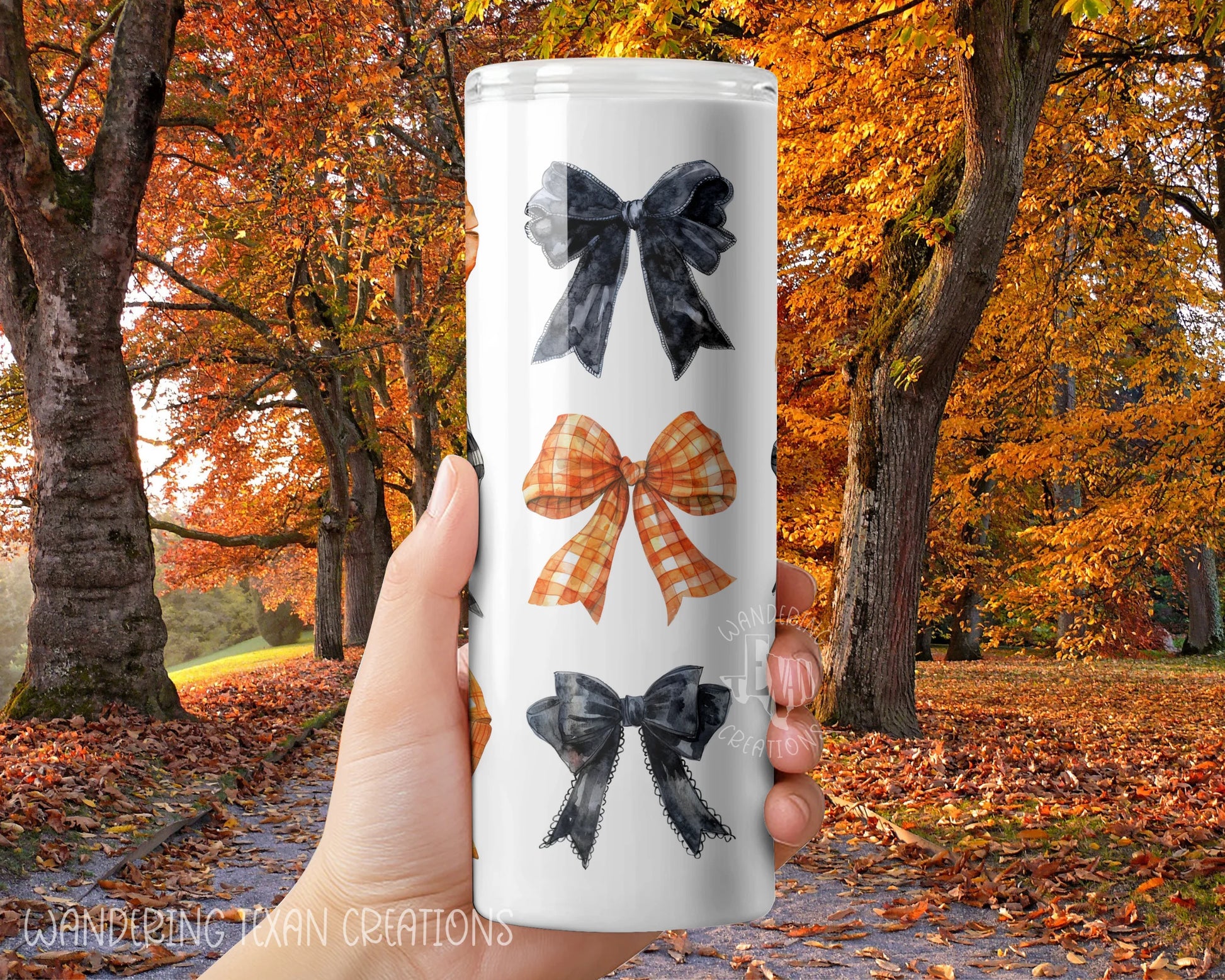 The quirky design of orange and black bows, with a touch of plaid, will add some fun to your daily tumbler routine.