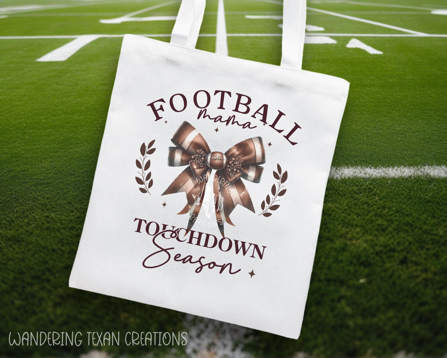 Made of linen, this stylish bag features a coquette bow design with the phrase "Football mama, Touchdown season".