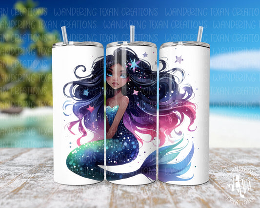 Made with durable stainless steel and a double-wall design, it keeps your drinks cold for hours. The sublimation design of a cosmic mermaid adds a touch of magic to your day.