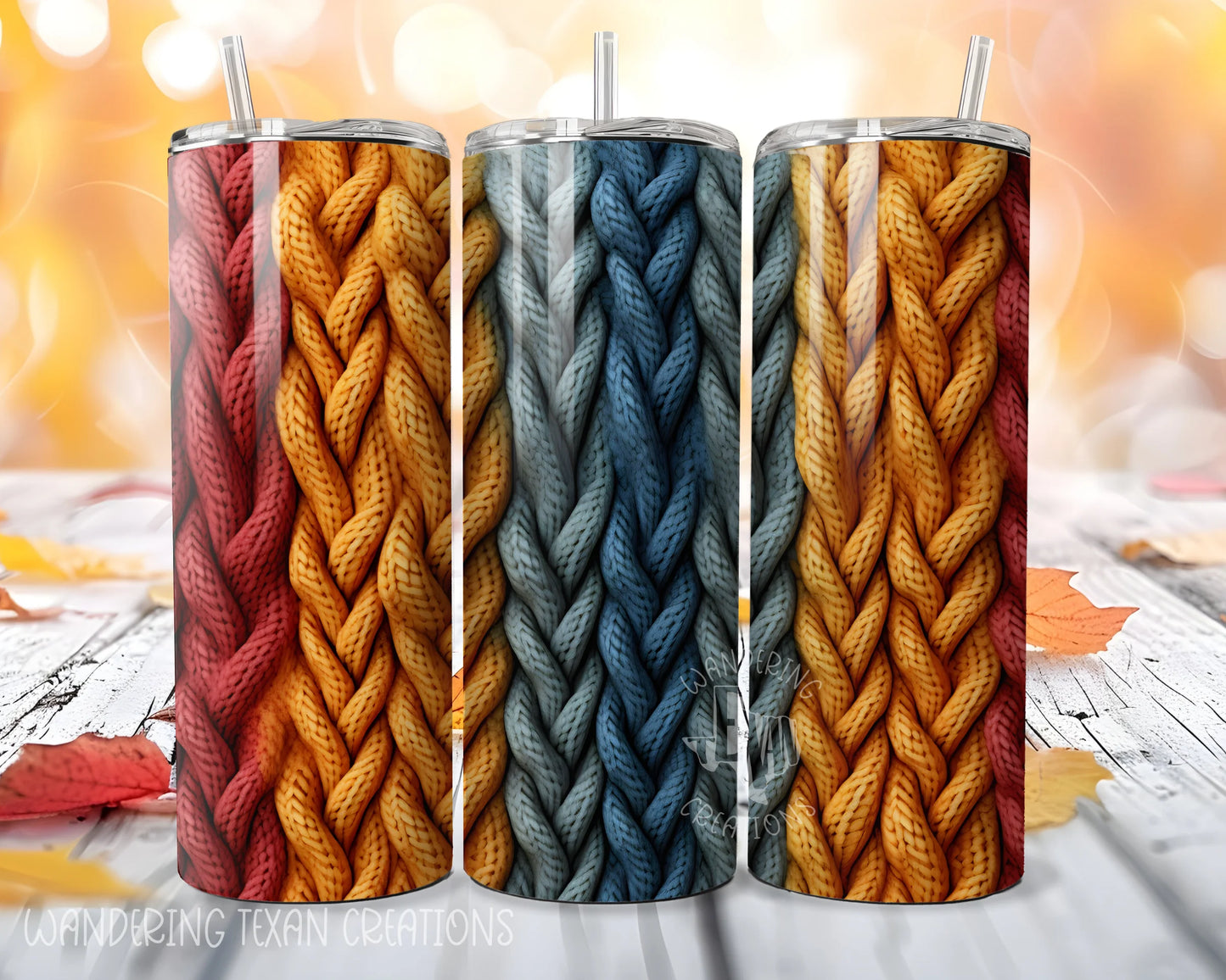 This 20 oz skinny stainless steel tumbler features a unique sublimated design of a knit sweater in warm red, yellow, and blue tones.