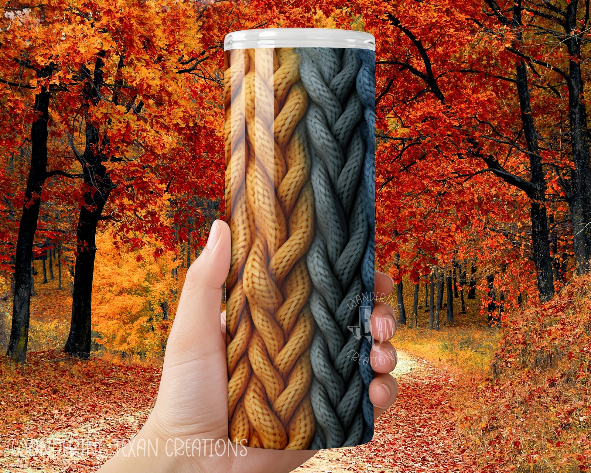 This 20 oz skinny stainless steel tumbler features a unique sublimated design of a knit sweater in warm red, yellow, and blue tones.