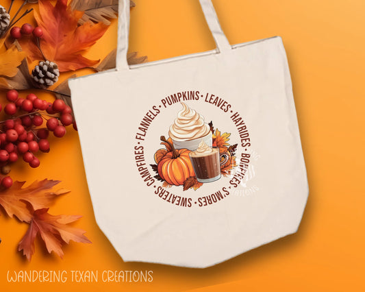 Get ready for the comfiest fall ever with our Cozy Harvest Vibes Canvas Tote Bag! Featuring a fun pumpkin design and surrounded by all your favorite fall activities like hayrides, bonfires, and s'mores.