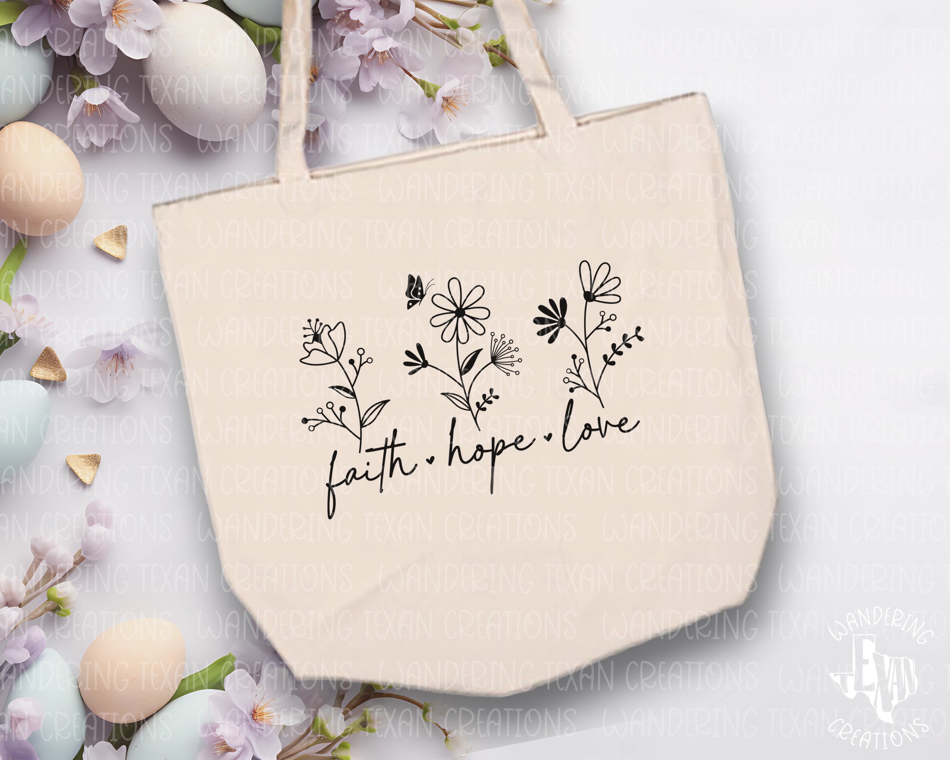 Spread the message of Faith, Hope, and Love with this Easter tote bag. The minimalist floral design and sublimation technique make it a stylish and unique accessory.