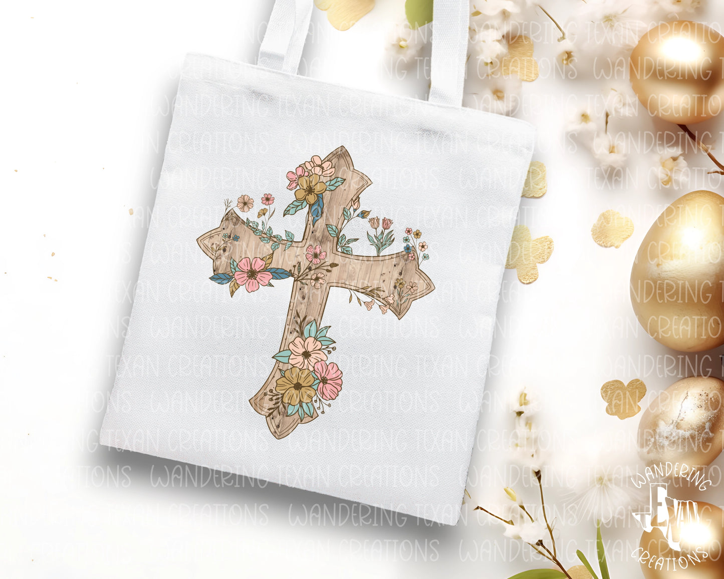 Featuring a classic cross adorned with beautiful flowers, this tote bag is perfect for any springtime outing.