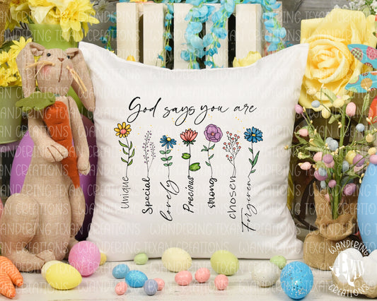 Boost your spiritual décor with the God Says Pillow Cover. This Easter-themed cover features a sublimation design and the phrase "god says you are..." along with 7 empowering words. 