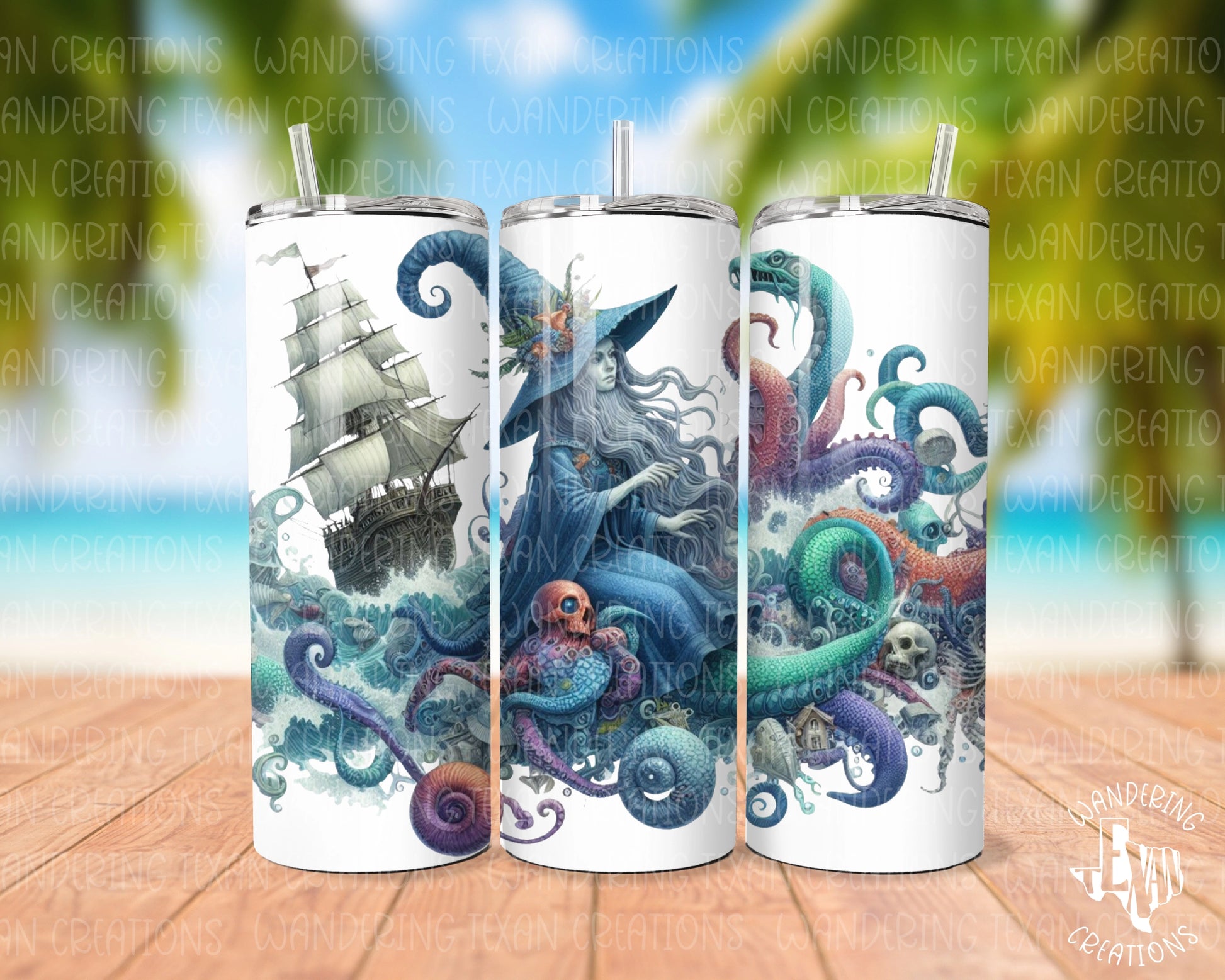 Featuring a bold sublimation design of a sea witch and her monstrous companions, this tumbler is perfect for adding some excitement to your summer adventures!