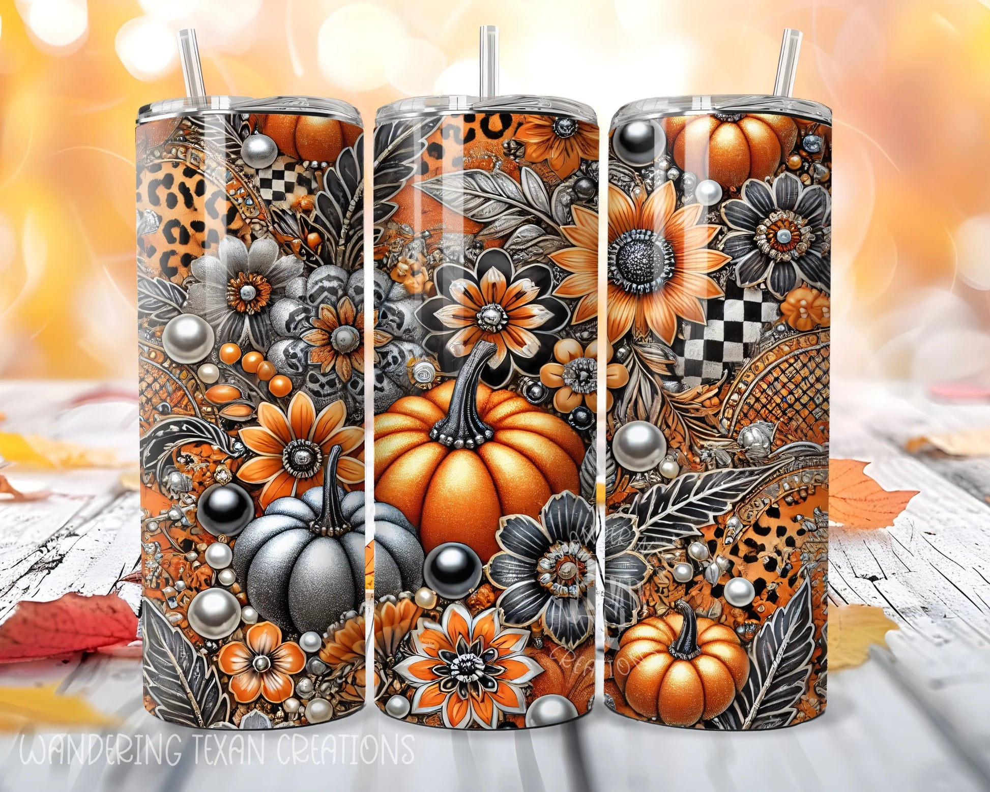 This seasonal tumbler boasts a unique design of pumpkins and fall florals in a color scheme of orange, black, white, and silver.