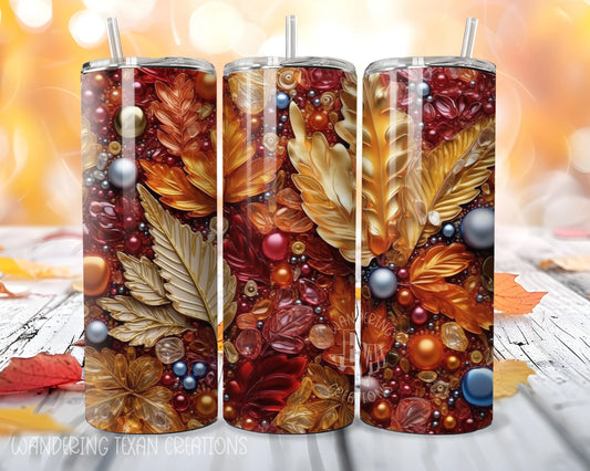 This 20 oz stainless steel tumbler features a festive sublimated design of fall leaves and pearls, making every sip feel like a seasonal celebration.