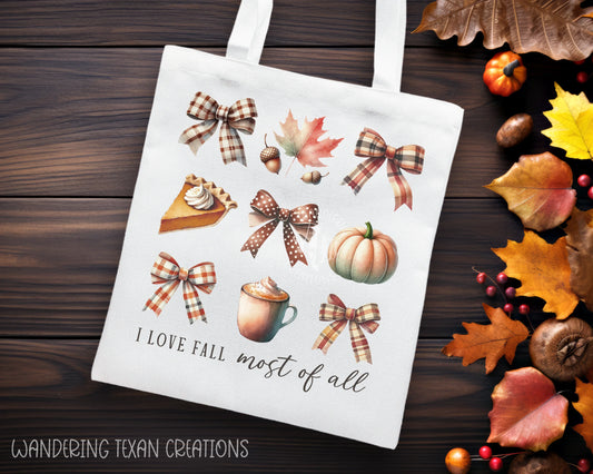 Featuring a charming sublimated design of plaid fall bows, pumpkins, pumpkin pie, fall leaves, and hot cocoa, along with the playful phrase "I love fall most of all." Made with durable linen material, this tote is perfect for any fall outing.