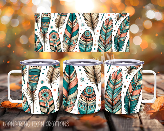  Featuring a unique and playful print of boho feathers in a mix of blues and light peach, this insulated mug is perfect for any free spirit! 