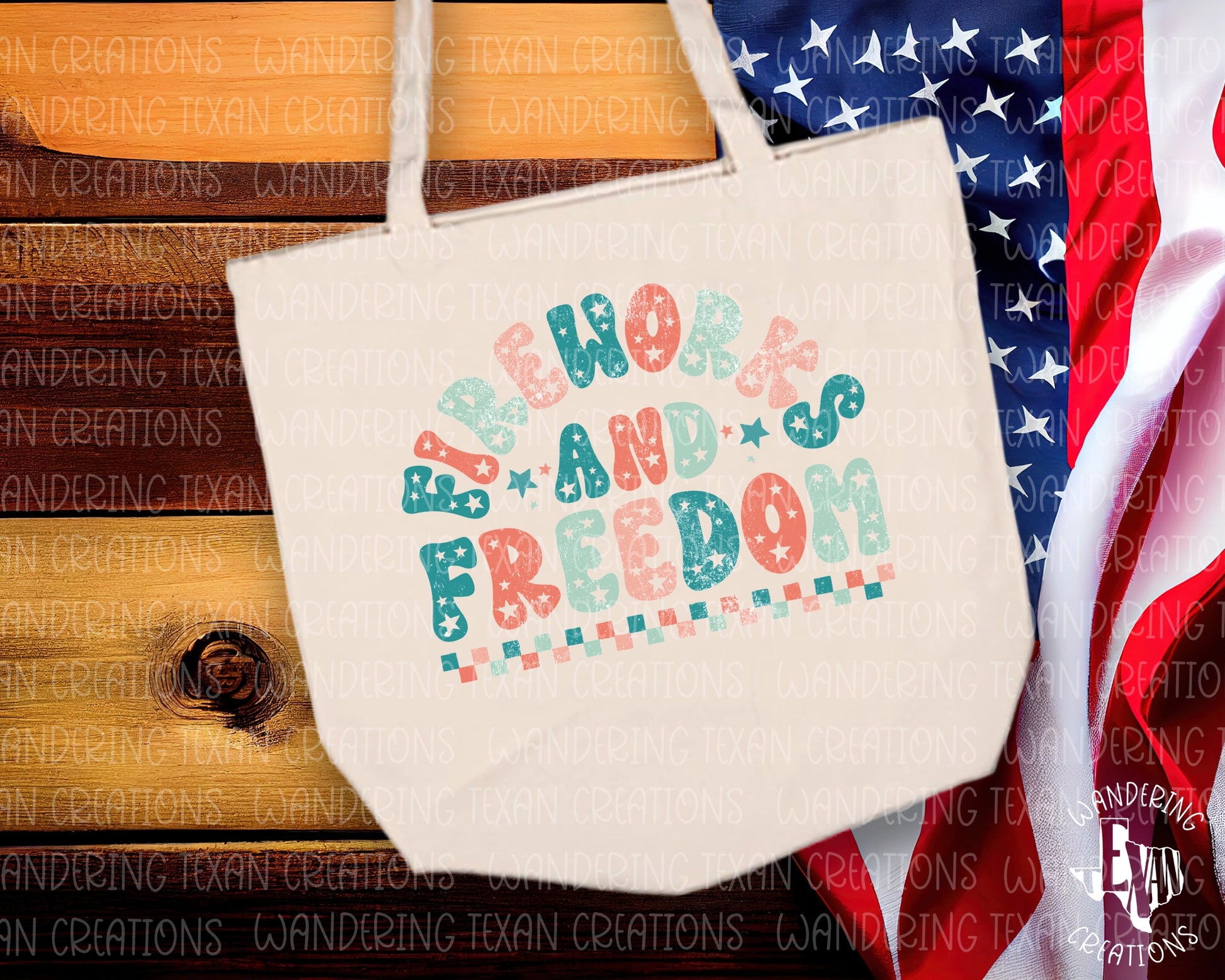 Featuring a grunge design with stars incorporated into the phrase "fireworks and freedom", this bag is perfect for showing your patriotic spirit.