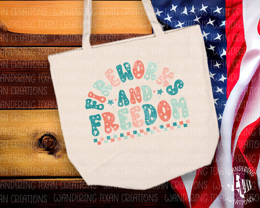 Featuring a grunge design with stars incorporated into the phrase "fireworks and freedom", this bag is perfect for showing your patriotic spirit.